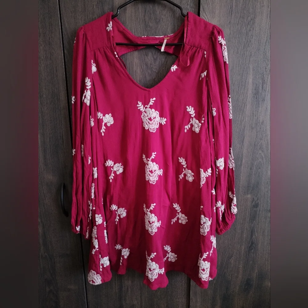 Free People Austin Emma Magenta Hot Pink Embroided Mini Swing Dress Small Petite